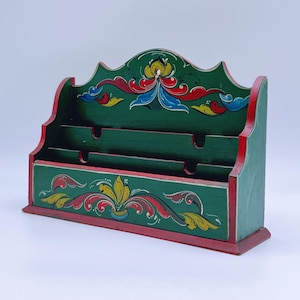 18/1900s antique hand-crafted Letter Memory Rack, kitchen wall hanging, Norwegian / Scandinavian folk art with handpainted Rosemaling
