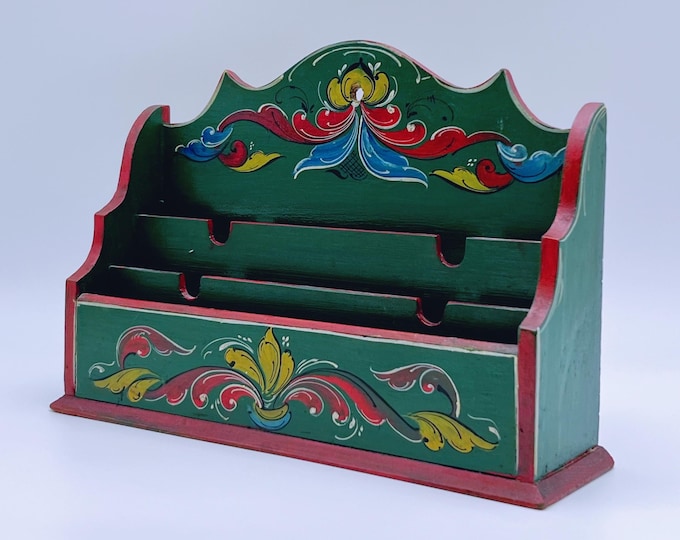 18/1900s antique hand-crafted Letter Memory Rack, kitchen wall hanging, Norwegian / Scandinavian folk art with handpainted Rosemaling