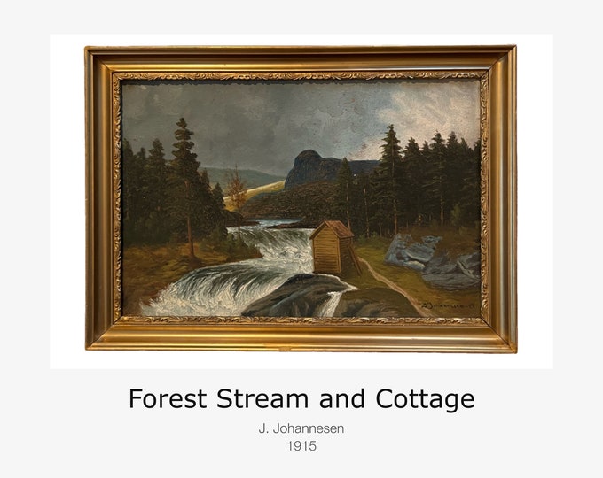 1915 Oil Painting "Forest Stream and Cottage", Oil on Plate, gold gilt wooden frame, Collectible, Free Shipping