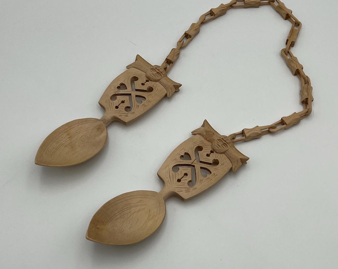 Norwegian Wedding Spoon - Scandinavian Vintage Hand-Carved Folk Art, Collectible Wood Carving with Chain, Rustic Decor