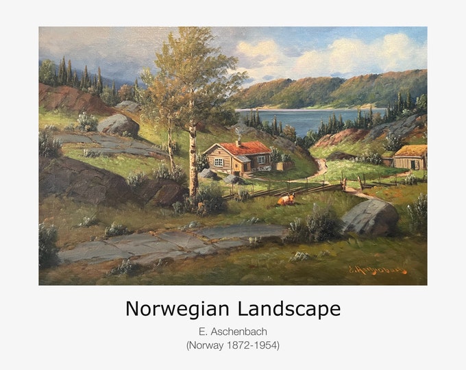 1920/30s Oil painting "Norwegian landscape/Cabin" by E. Aschenbach(1872-1954), Norwegian/Scandinavian national romance art