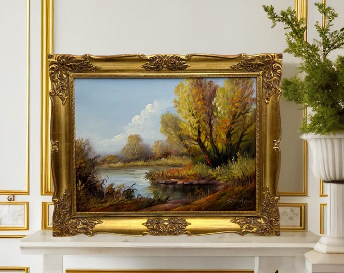 Stunning Norwegian Oil Painting "Autumn Landscape", Oil on Canvas, Artist Signed, original double frame in giltwood