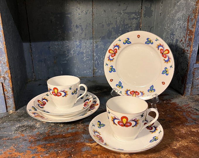 1960s Vintage Norwegian PP Farmers Rose coffee/ tea/ breakfast trio set, Nordic Pattern, Scandinavian design