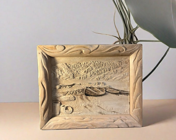 1945 Relief wood carving painting / sculpture "Landscape from Stavanger" Schumer Hansen, artist signed, Vintage Norwegian/ Scandinavian art