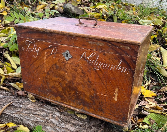 1860s Antique Norwegian Chest, treasure chest box,pinewood storage trunk with iron handles, RUSTIC farmhouse style