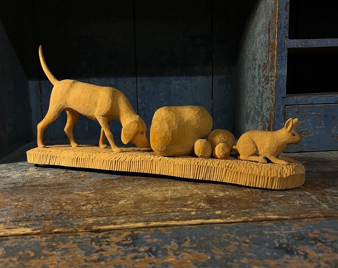 Large Norwegian Helge Svensen hand carved "Hunting Dog Chasing Rabbit " Figurine/Sculpture, SIGNED, Scandinavian wood carving, Collectible