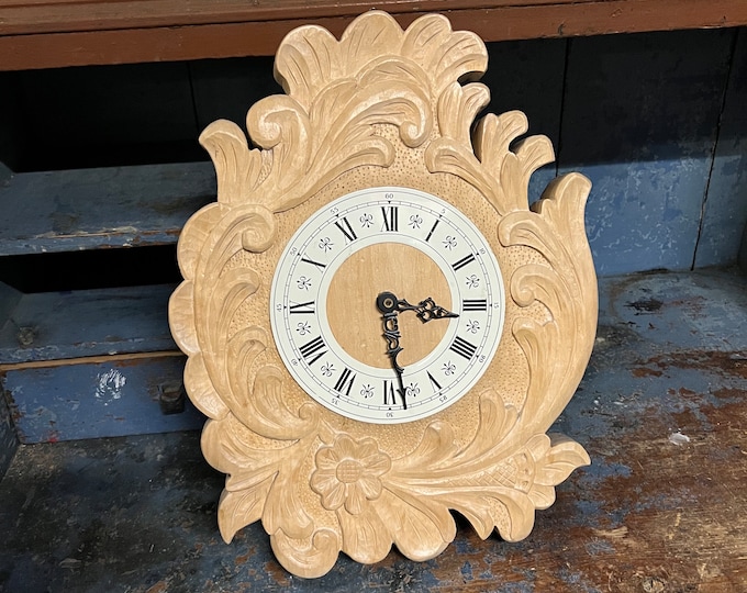 1980s LARGE hand carved wall clock from Telemark, Norwegian handcrafted folk art folkart, cabin farmhouse country style wall hanging