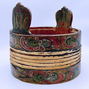 Dated 1846 Museum-Quality antique Rosemaling groat / porridge amber / butter bucket from Norway, RUSTIC folk art, handcrafted, Primitive