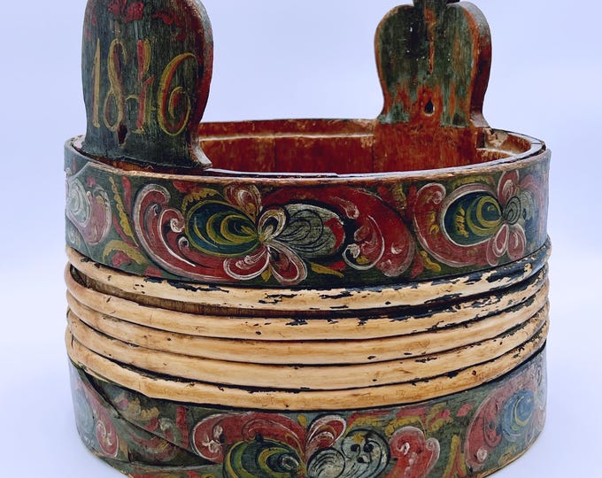 Dated 1846 Museum-Quality antique Rosemaling groat / porridge amber / butter bucket from Norway, RUSTIC folk art, handcrafted, Primitive