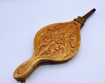 Dated 1977 Unique hand-crafted Fireplace Bellows, Norwegian folk art with hand-carved rosemaling pattern, Scandinavian Housewarming gift