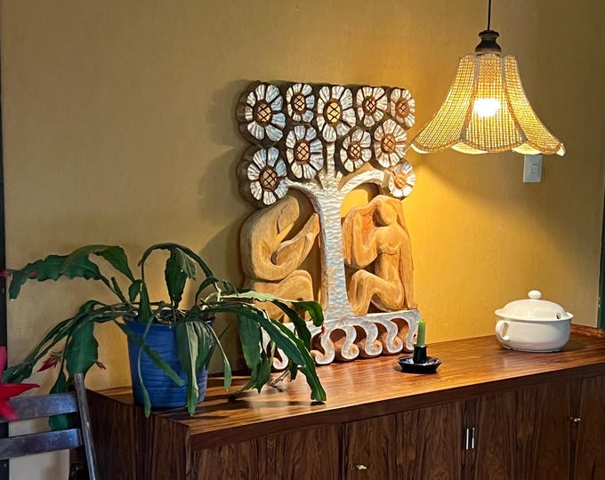 Dated 1958 UNIQUE Norwegian Relief Wooden Sculpture  "Love Tree" by Einar Dale (1916-), Scandinavian Art in Birch Wood, handcrafted