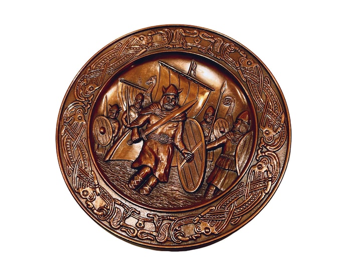 Vintage c.1970s Viking plate, Dragon style, traditional Norwegian/Scandinavian Copper pewterwall hanging