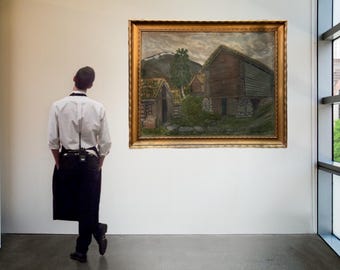 c.1910 Oil Painting "Farmyard at Jølster" by Nikolai Berg (Norway 1875-1955), RARE Scandinavian Classic National Romance Art, oil on canvas