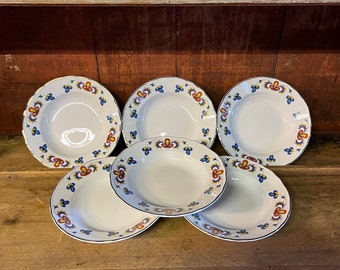 6pc PP - FARMERS ROSE 1988 cereal bowl/Soup Plate, Dessert bowl with Gold rim, Vtg Norwegian design farmhouse table serving, collectible