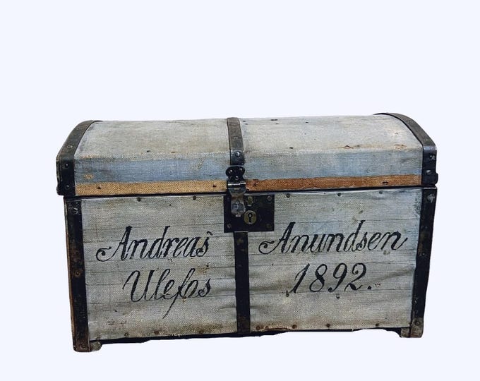 Dated 1892 Primitive Antique Norwegian/American Chest, treasure chest box, storage trunk, RUSTIC patina, cabin / farmhouse style