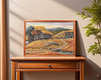 Ca.1950s "Farmhouse from Rauland" wood carving relief painting, wooden wall sculpture  , VTG Norwegian/ Scandinavian national romance art