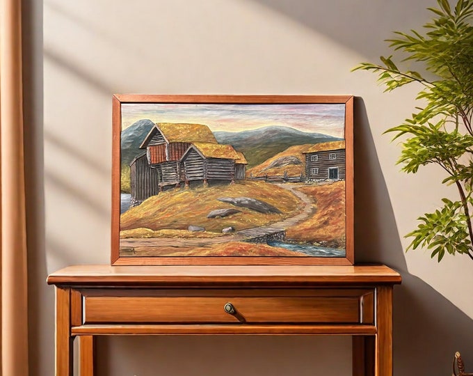 Ca.1950s "Farmhouse from Rauland" wood carving relief painting, wooden wall sculpture  , VTG Norwegian/ Scandinavian national romance art