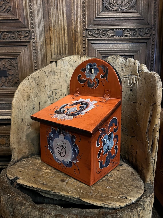 Dated 1980 Vintage Norwegian Wall Hanging Wooden Salt Box From