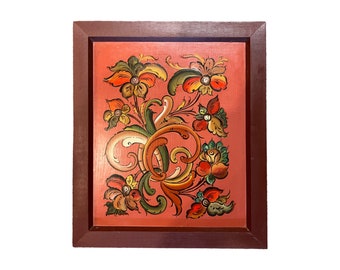 1970s' Norwegian rosemaling wall decor/hanging, Traditional Scandinavian folkart/folk art farmhouse cabin interior