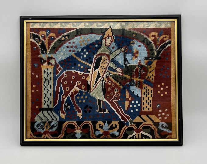 Vintage Norwegian hand embroidered wall hanging/tapestry picture "The Baldishol Tapestry"  with wooden and glass frame, folk art