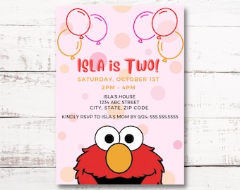 Pink Girly Elmo 1st 2nd Birthday Party Invitation Modern 5X7 Instant Download and Editable