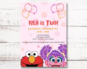 Pink Girly Elmo Abby Birthday Party Invitation Modern 5X7 Instant Download and Editable