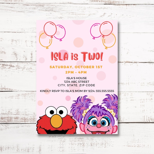 Pink Girly Elmo Abby Birthday Party Invitation Modern 5X7 Instant Download and Editable