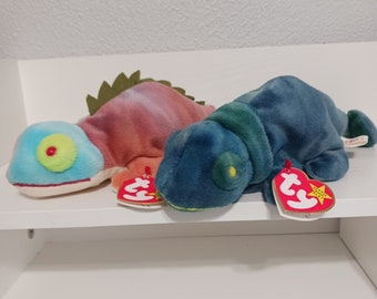 2 SÄLLSYNTA utgåvade original ty Beanie Babies "RAINBOW" är (Iggy) & "IGGY" är (Rainbow) - Udda blandade etikettfel, 1997