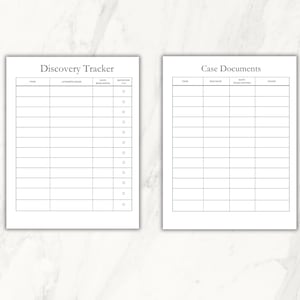 Könnte beinhalten: Druckbarer Tracker für juristische Dokumente mit zwei Abschnitten: Discovery Tracker und Case Documents. Jeder Abschnitt hat Spalten für Artikel, Datum und Notizen.