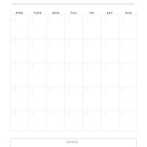 May include: A minimalist monthly planner with a clean, modern design. The top of the page features the title "Monthly Planner" and a space for the month. The days of the week are listed across the top, with a grid of boxes below for daily entries. A notes section is at the bottom.