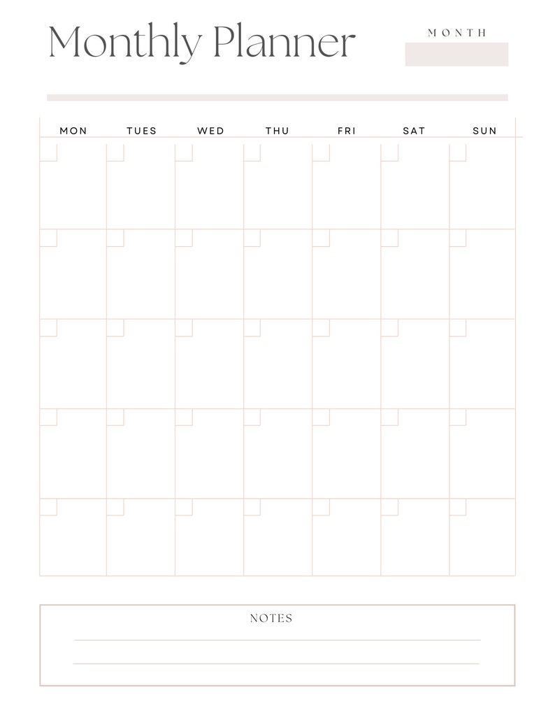 May include: A minimalist monthly planner with a clean, modern design. The top of the page features the title "Monthly Planner" and a space for the month. The days of the week are listed across the top, with a grid of boxes below for daily entries. A notes section is at the bottom.
