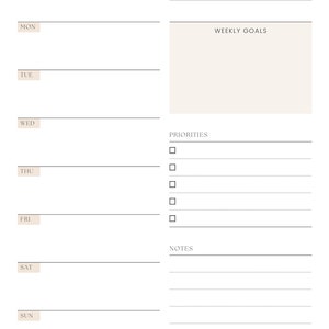 May include: A minimalist weekly planner with a soft pink and cream color scheme. The planner includes sections for each day of the week, weekly goals, priorities, and notes. The text "MY WEEKLY Planner" is at the top.