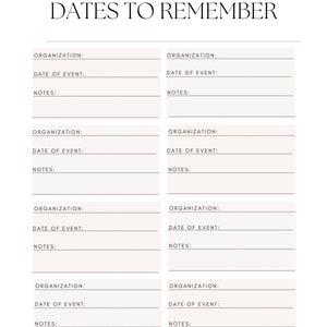 May include: A cream-colored planner page with the text "EXTRACURRICULAR DATES TO REMEMBER" at the top. The page is divided into sections for organization, date of event, and notes, perfect for tracking activities.