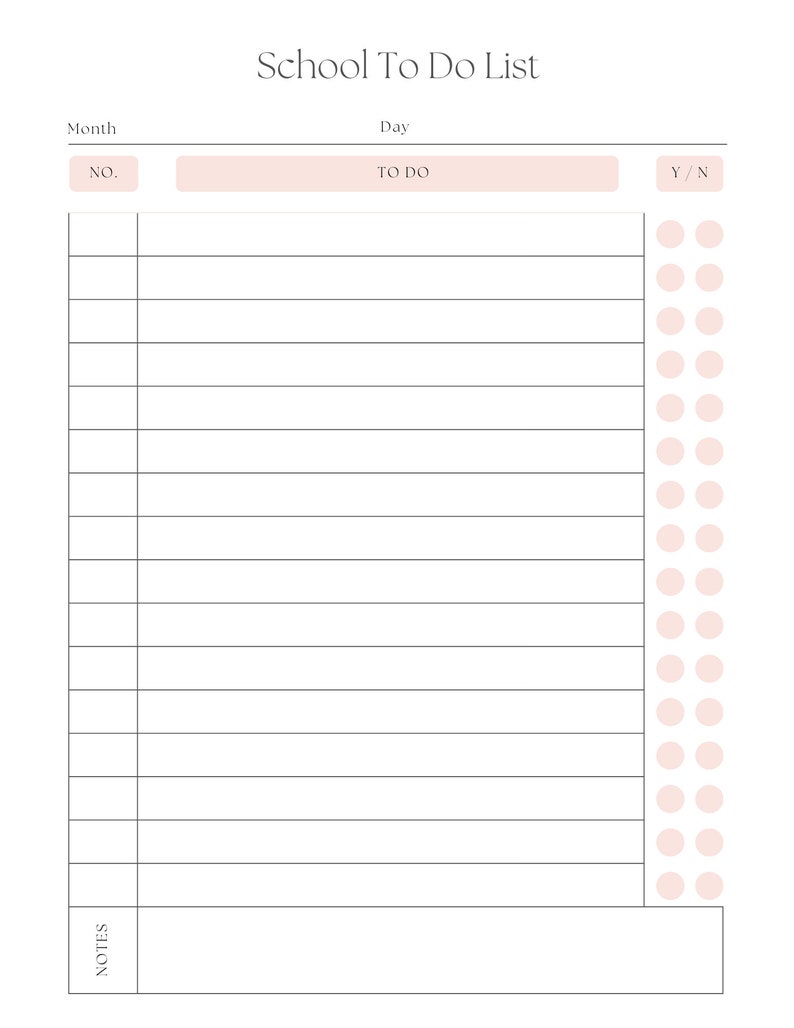 May include: A white School To Do List printable with a light pink header and dot pattern on the right side. The header includes the text "School To Do List", "Month", "Day", "NO.", "TO DO", and "Y/N".