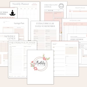 May include: A selection of printable planner pages with a minimalist design. The pages include sections for daily yoga, monthly goals, savings plans, and study sessions. The colour scheme is primarily white and beige with pink accents.