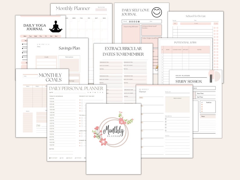 May include: A collection of printable planner pages with a minimalist design. The pages include sections for daily yoga, monthly goals, savings plans, and study sessions. The color scheme is primarily white and beige with pink accents.