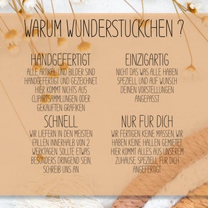 K&ouml;nnte beinhalten: Eine pfirsichfarbene Karte mit dem Text "WARUM WUNDERSTUCKCHEN?" in Schwarz. Die Karte ist in vier Abschnitte mit den &Uuml;berschriften "HANDGEFERTIGT", "SCHNELL", "EINZIGARTIG" und "NUR FUR DICH" unterteilt. Jeder Abschnitt enth&auml;lt Text, der die Vorteile von handgefertigten Artikeln beschreibt.