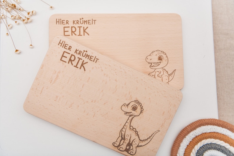 Personalized breakfast board for boys, children with dinosaurs as a gift for birth or for expectant parents image 1