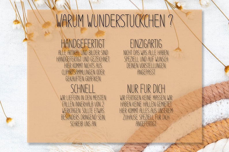 Peut inclure: Un fond beige avec du texte brun qui dit "WARUM WUNDERSTUCKCHEN?" et &eacute;num&egrave;re les raisons pour lesquelles les produits sont uniques, faits &agrave; la main et exp&eacute;di&eacute;s rapidement. Le texte dit "HANDGEFERTIGT", "EINZIGARTIG", "SCHNELL" et "NUR FUR DICH".