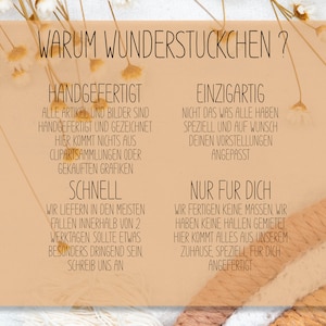May include: A peach-colored card with the text "WARUM WUNDERSTUCKCHEN?" in black. The card has four sections with the headings "HANDGEFERTIGT", "SCHNELL", "EINZIGARTIG", and "NUR FUR DICH". Each section has text describing the benefits of handmade items.