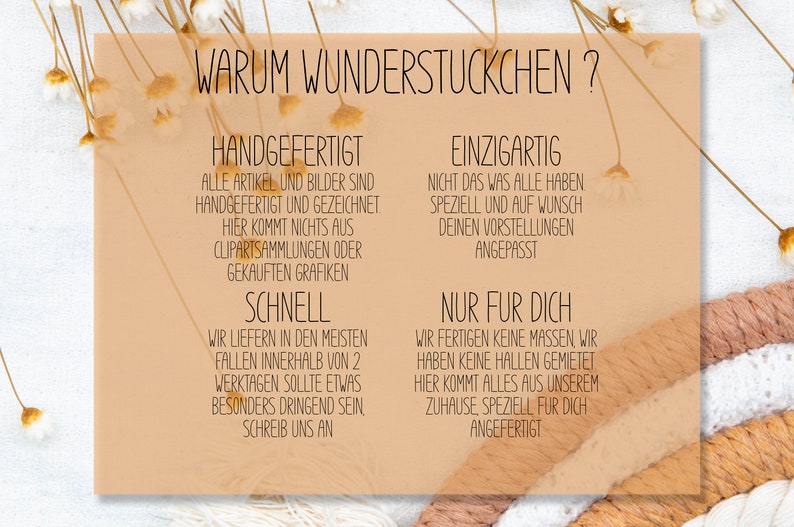 May include: A peach-colored card with the text "WARUM WUNDERSTUCKCHEN?" in black. The card has four sections with the headings "HANDGEFERTIGT", "SCHNELL", "EINZIGARTIG", and "NUR FUR DICH". Each section has text describing the benefits of handmade items.