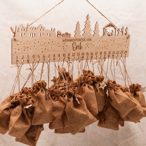 Personalized Advent calendar with name made of wood for children and adults, Christmas, Advent, jute bag to fill yourself