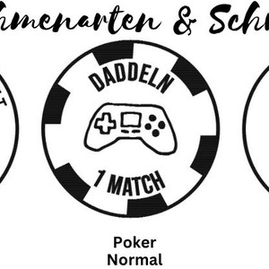 May include: Five black and white circular stamps with different designs. The stamps are labelled with the text "Erik's Cartoons", "Cassandra's Tablet", "Daddeln", "Screen Time", and "H&ouml;rspiel".