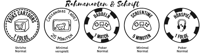 May include: Five black and white circular stamps with different designs. The stamps are labelled with the text "Erik's Cartoons", "Cassandra's Tablet", "Daddeln", "Screen Time", and "H&ouml;rspiel".