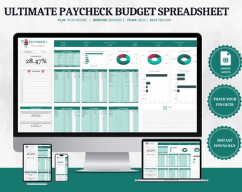 May include: A computer screen displaying a green and white budget spreadsheet template with the title "Ultimate Paycheck Budget Spreadsheet". The spreadsheet includes sections for income, expenses, bills, and savings. The template is available for download on Google Sheets.