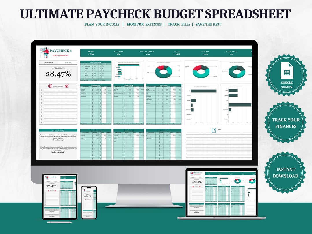 Google Sheets Budget Spreadsheet Paycheck Budget Tracker Biweekly ...