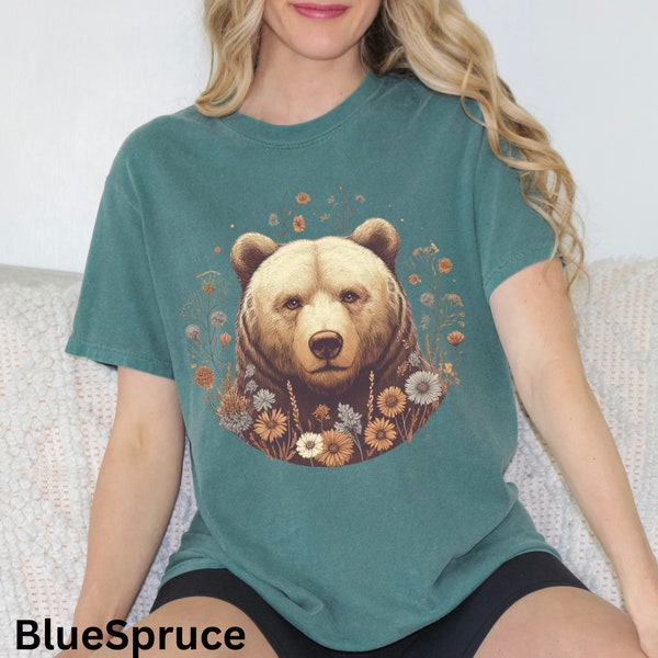 Floral Vintage Grizzly Bear T-shirt, Brown Bear Shirt, Forest Animal Lover Gift, Nature Inspired Flower T-shirt, Wildlife Designed Tee