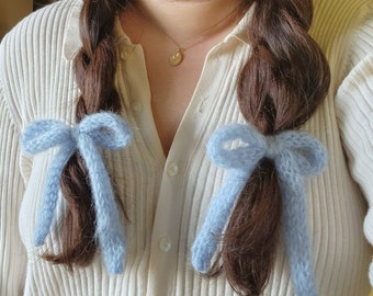 Set of Thick Hand-Knit Mohair Hair Bows | Knit Ribbon