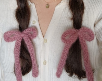 Set of Thick Hand-Knit Mohair Hair Bows | Knit Ribbon