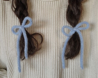 Set of Thin Hand-Knit Mohair Hair Bows | Knit Ribbon